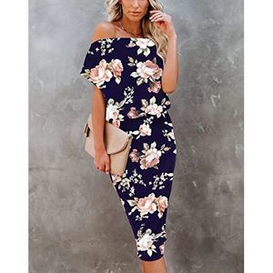 Ezbelle Womens Floral Dresses Off The Shoulder Short Sleeve Knit Casual Party